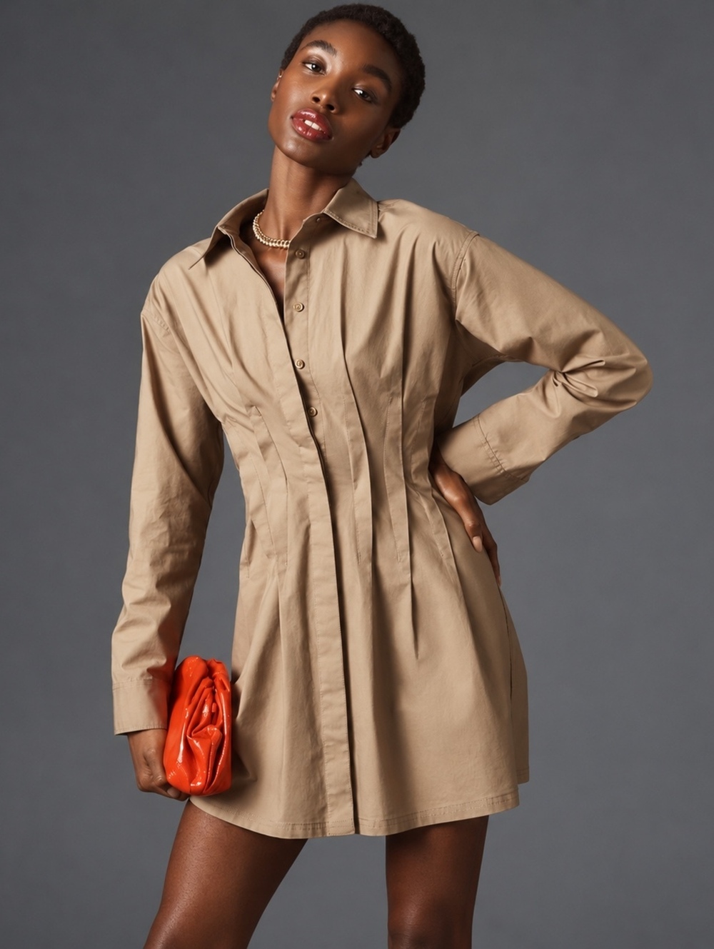 Pilcro Anthropologie Pintuck Mini Shirt Dress Khaki Long Sleeve Small